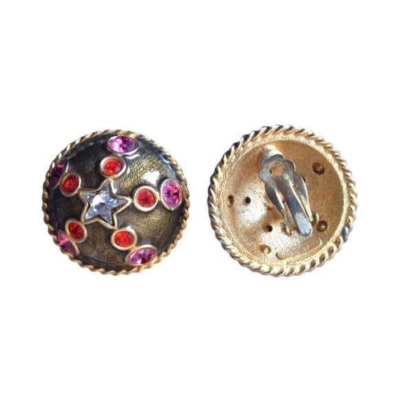 Vintage Gerard Yosca Button Earrings Gold Plated Enamel Crystals Clip On - Picture 2 of 4